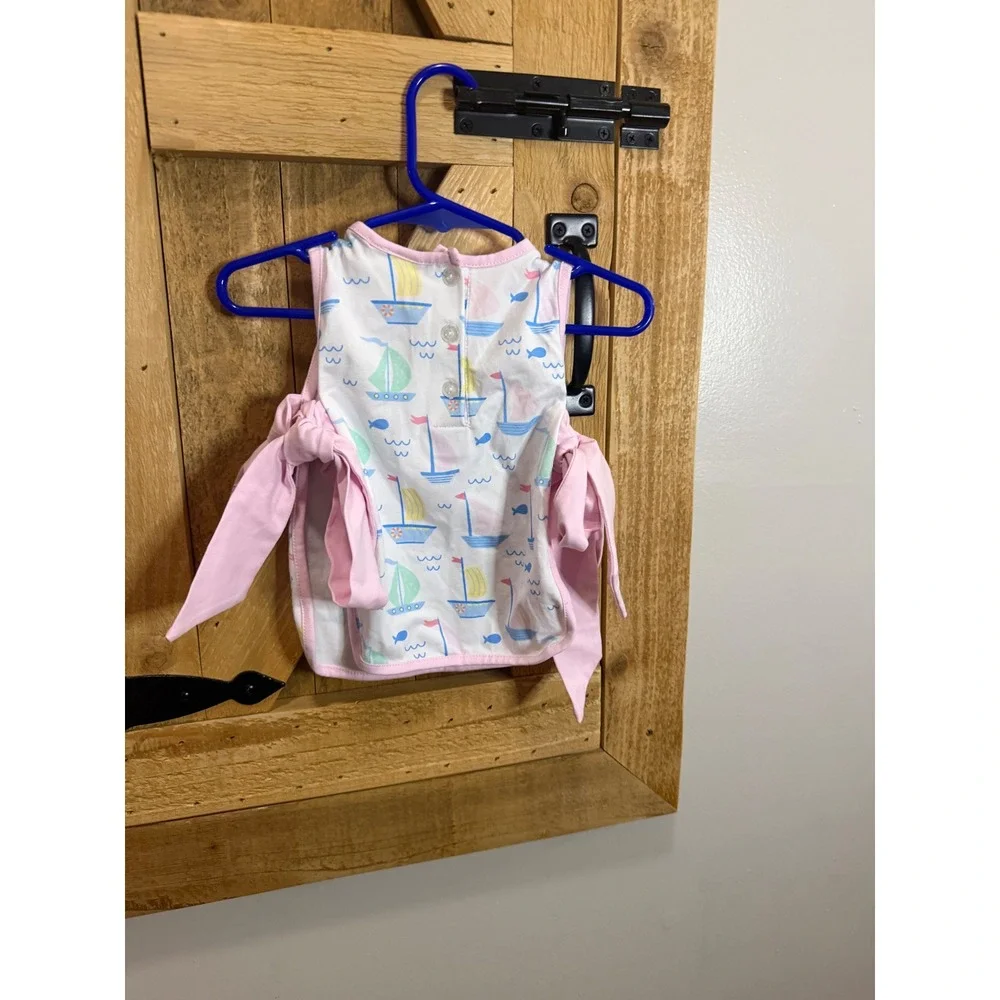Stitchy Fish Baby Girl Sailboat Print Side Tie Bow Top Pink White 9M